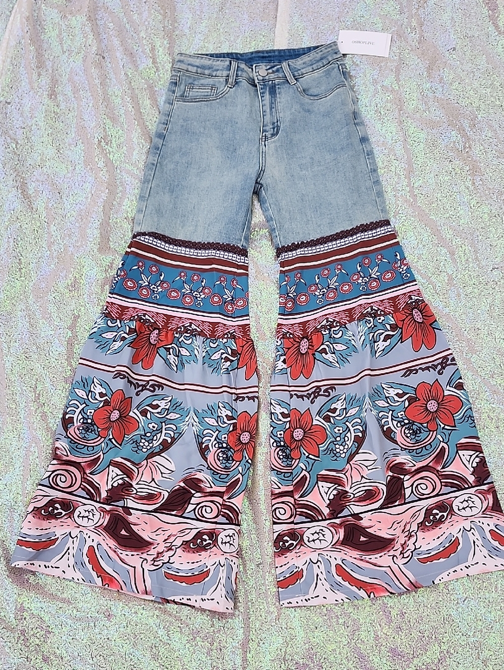 OSHOPLIVE Boho Floral Wide-Leg Women’s Jeans! Small! HIP! NWT!